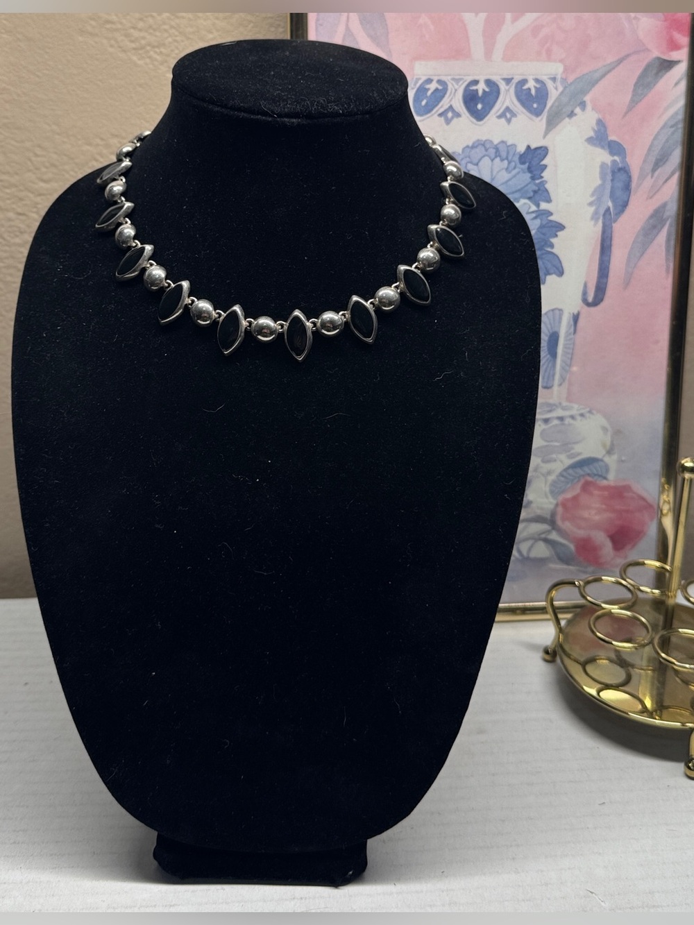 Black onyx silver necklace